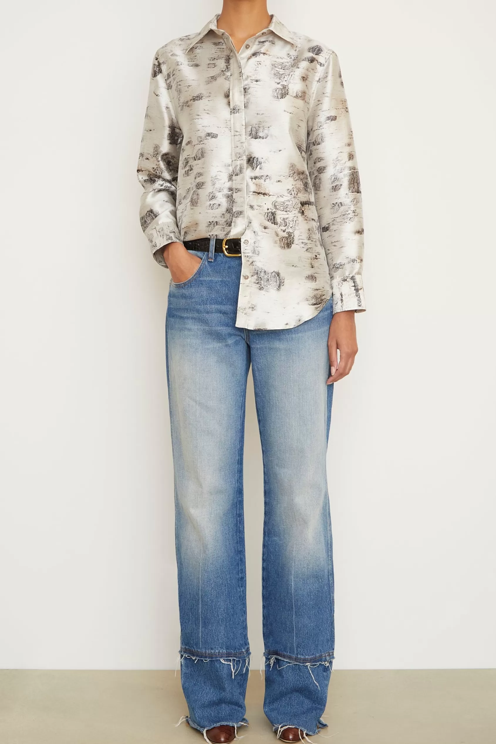 Tops<Brandon Maxwell The Allie Button Down In Birch Silk Mikado
