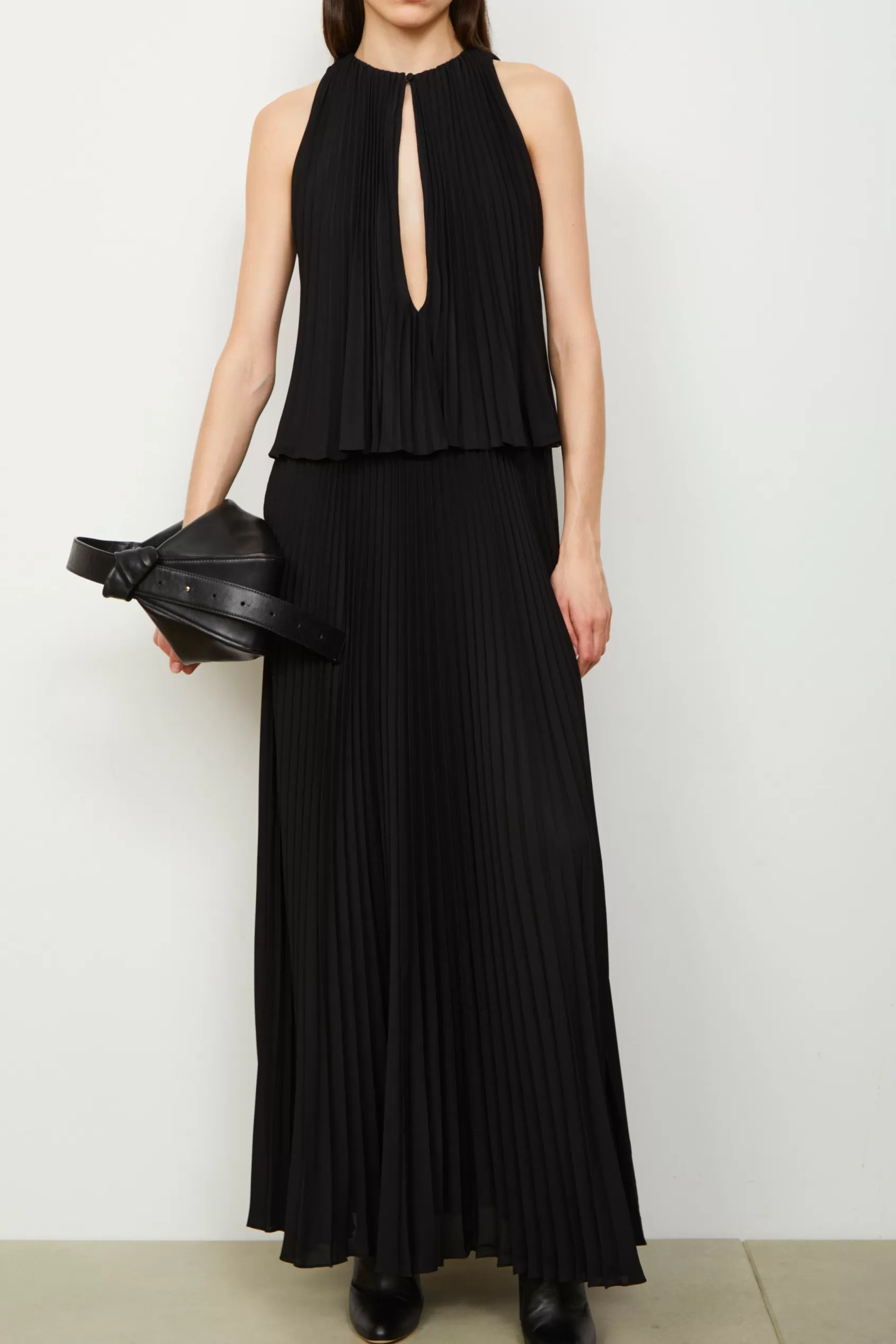 Dresses<Brandon Maxwell The Hallett Pleated Two Tiered Tea Length Dress In Black