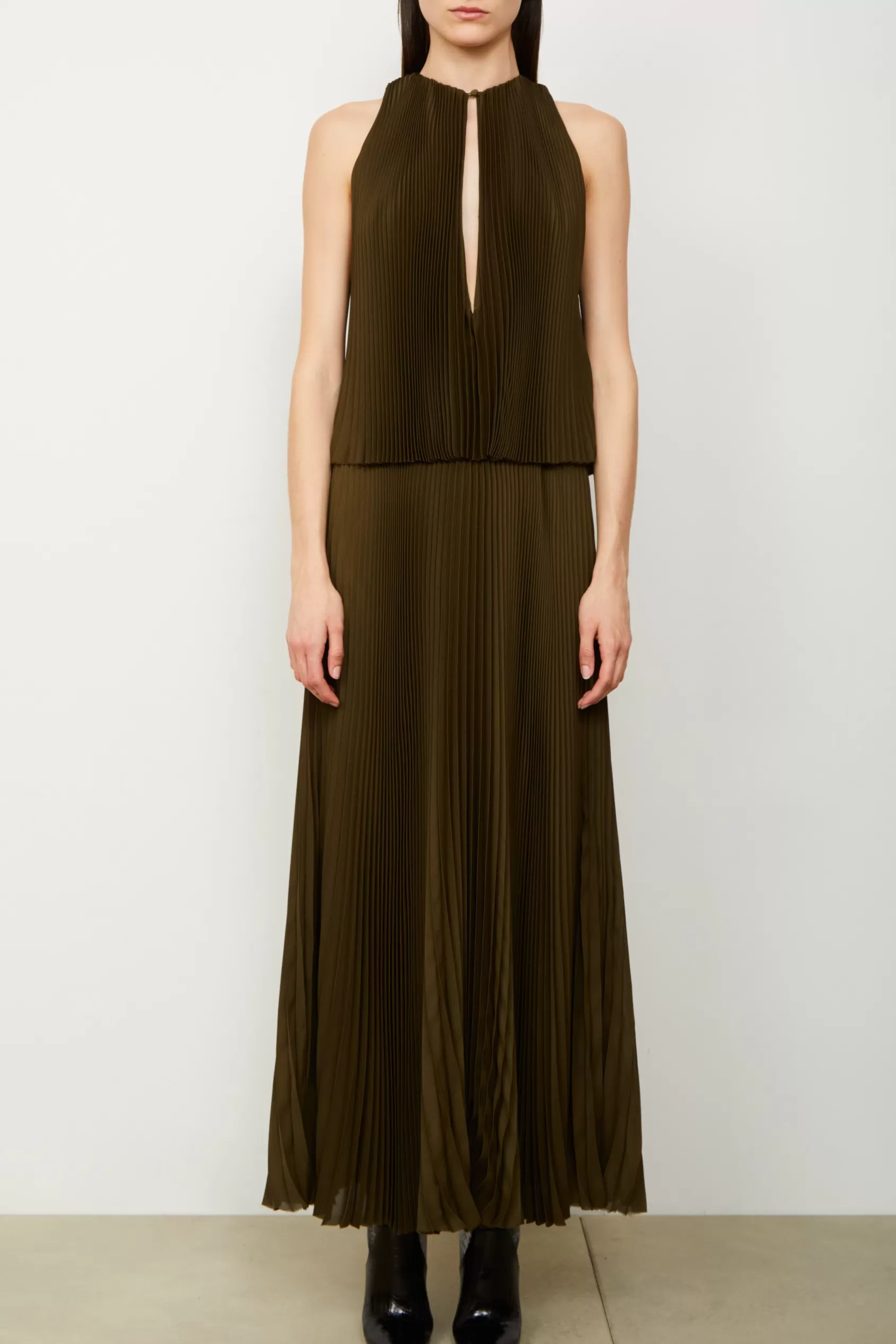 Dresses<Brandon Maxwell The Hallett Pleated Two Tiered Tea Length Dress In Olive Green Dark Olive